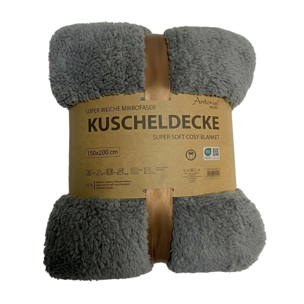 Donkergrijze teddy deken van zachte microvezel 150x200 cm, opgerold verpakt en geschikt als warme plaid voor bank en bed