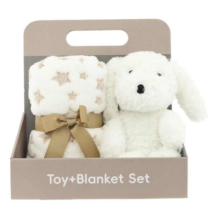 Baby cadeauset met zachte babydeken met sterretjes en knuffel hond in geschenkverpakking – kraamcadeau