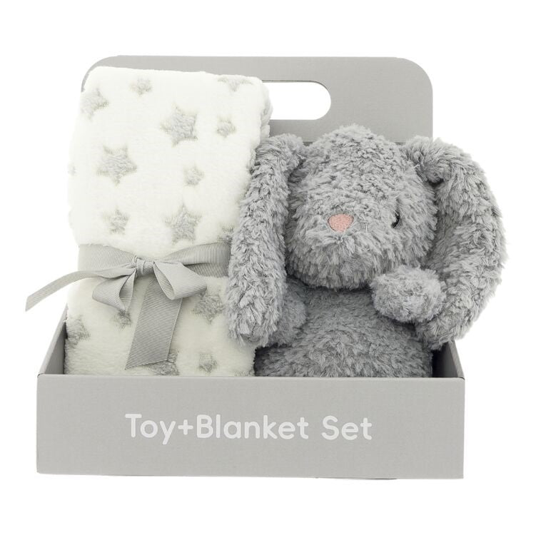 Baby cadeauset met zachte babydeken met sterretjes en knuffel hond in geschenkverpakking – kraamcadeau