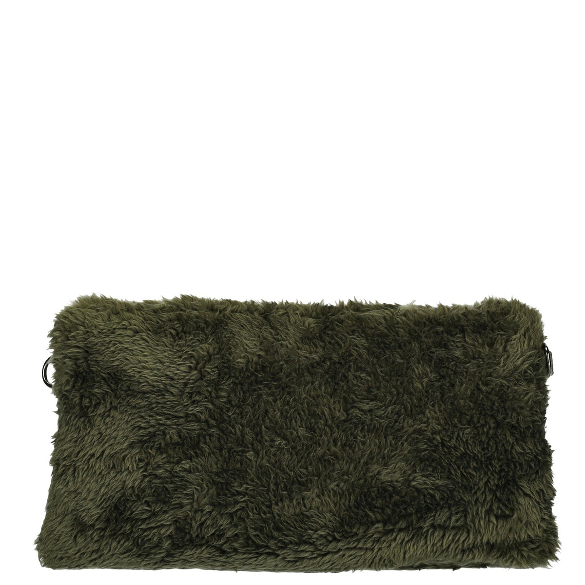 Achterkant olijfkleurige Enrico Benetti teddy clutch/crossbody 66705; fluffy teddy stof en compact design.