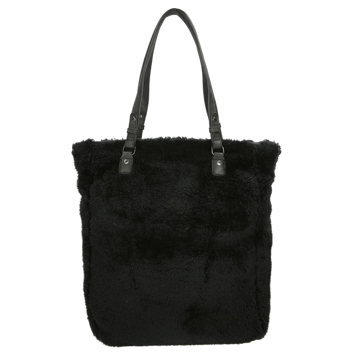 Achterkant zwarte Enrico Benetti Teddy shopper 66653; zachte teddy‑stof, volledig gevoerd en handig in gebruik.