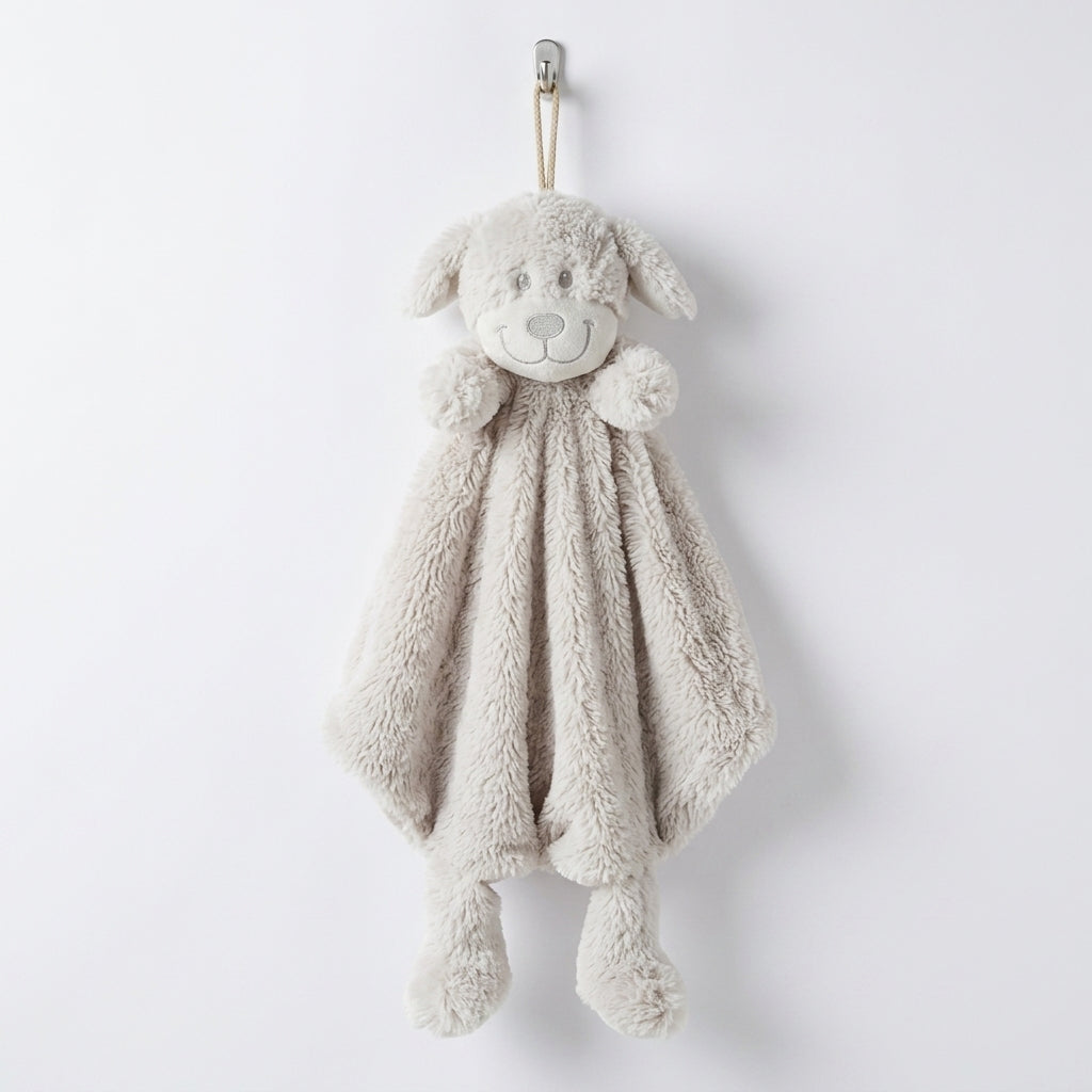 Knuffeldoekje baby en peuter – Kraamcadeau - Knuffeldoek met hond als dierenvriendje – rond 30x30 cm - Beige