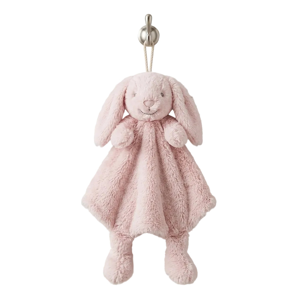 Roze rond knuffeldoekje met konijn; superzacht babydoekje, veilig en troostend.  