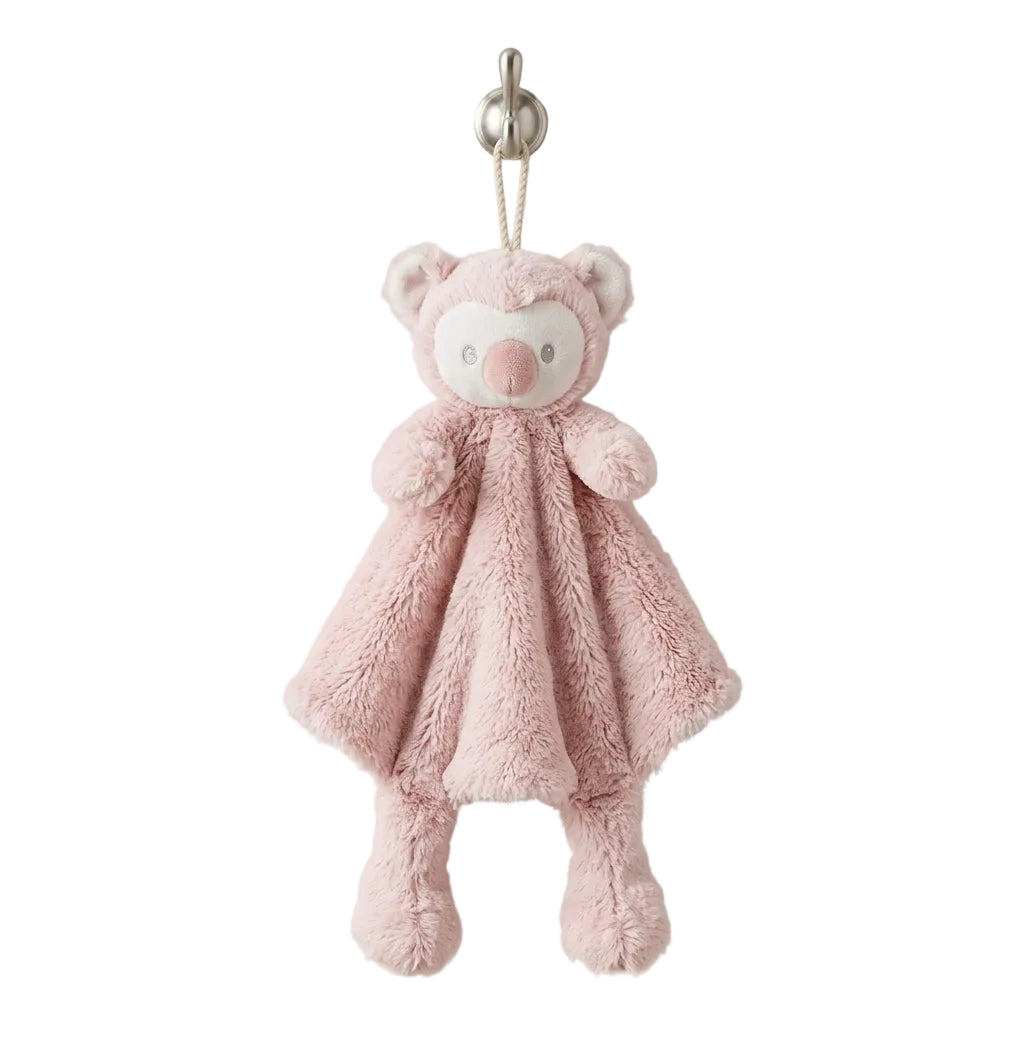 Roze rond knuffeldoekje met uil; superzacht babydoekje, veilig en troostend.  