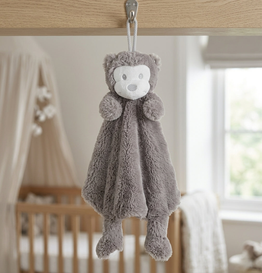 Knuffeldoekje baby en peuter – Kraamcadeau - Knuffeldoek met aap als dierenvriendje – Rond 30x30 cm - Donkergrijs