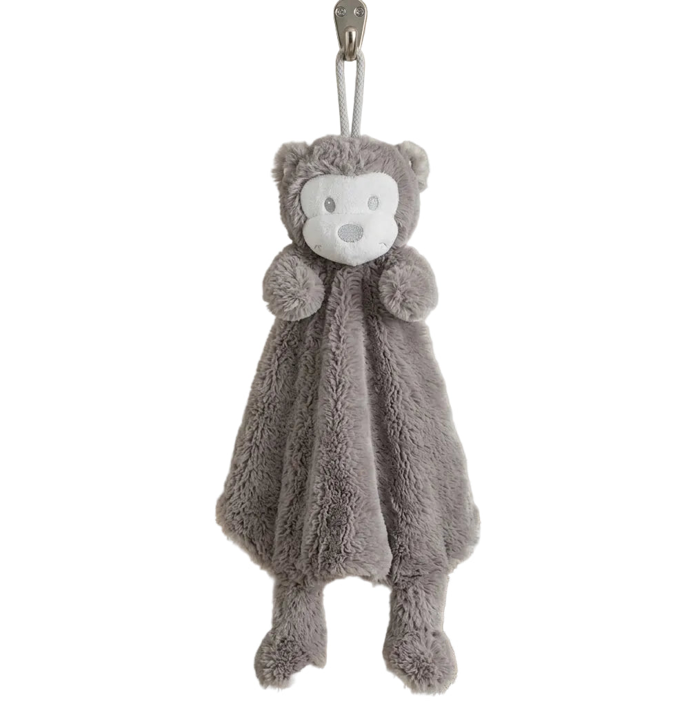 Donkergrijs rond knuffeldoekje met aap; superzacht babydoekje, veilig en troostend.  