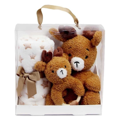 Cadeaubox met bruine baby geschenkset met hert; zachte knuffel, rammelaar en deken als ideaal kraamcadeau