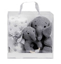 Cadeaubox met grijs baby geschenkset met olifant; zachte knuffel, rammelaar en deken als ideaal kraamcadeau.