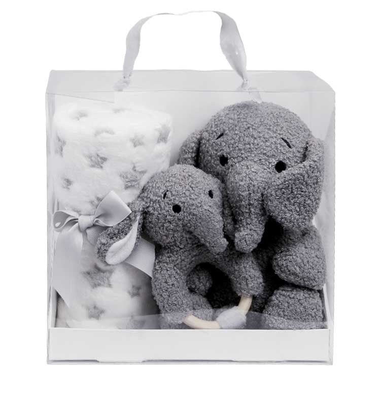 Cadeaubox met grijs baby geschenkset met olifant; zachte knuffel, rammelaar en deken als ideaal kraamcadeau.