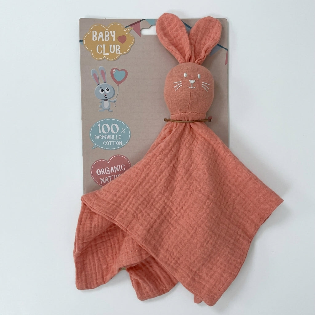 Zalmroze baby knuffeldoekje konijn van 100% katoen met zachte hydrofielstructuur, comfortabel voor knuffelen, slapen en onderweg.