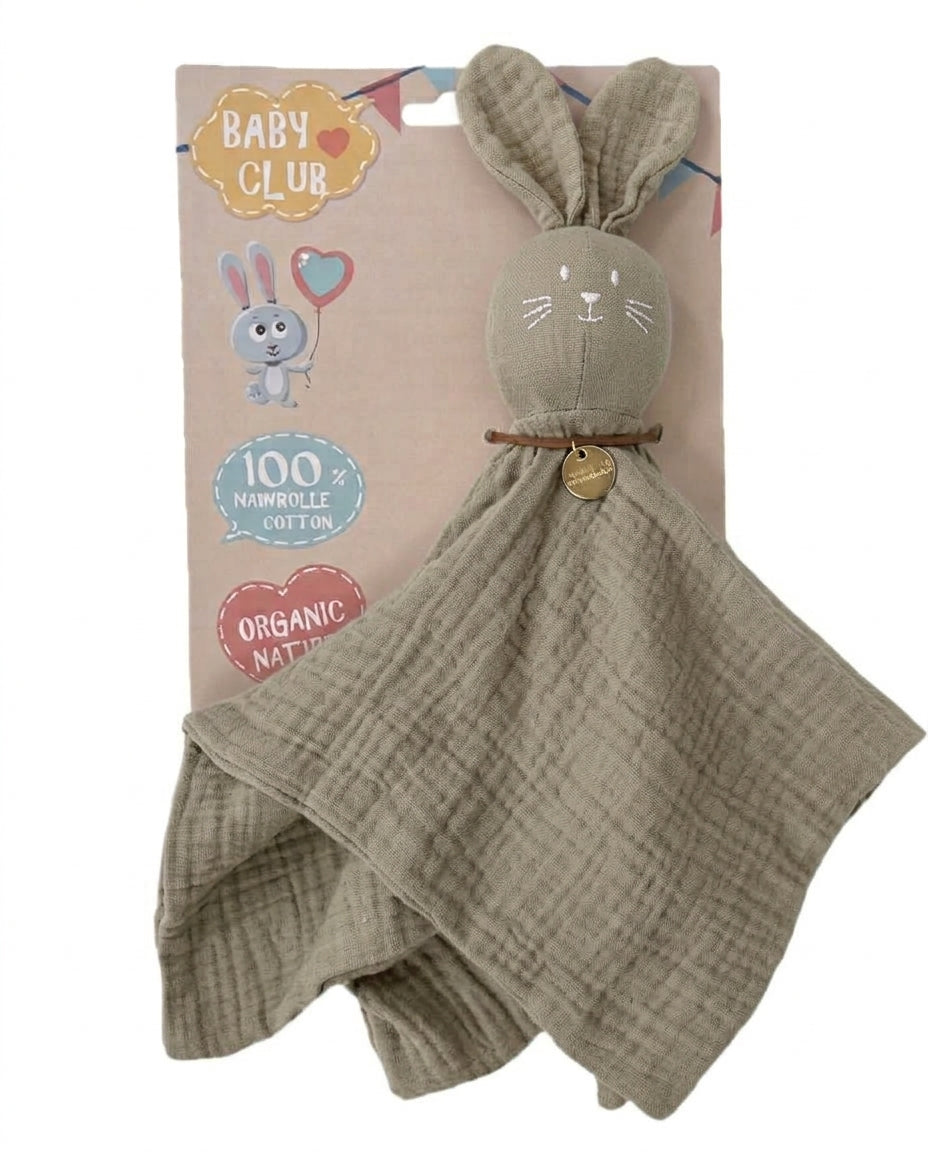 Beige baby knuffeldoekje konijn van 100% katoen met zachte hydrofielstructuur, comfortabel voor knuffelen, slapen en onderweg.