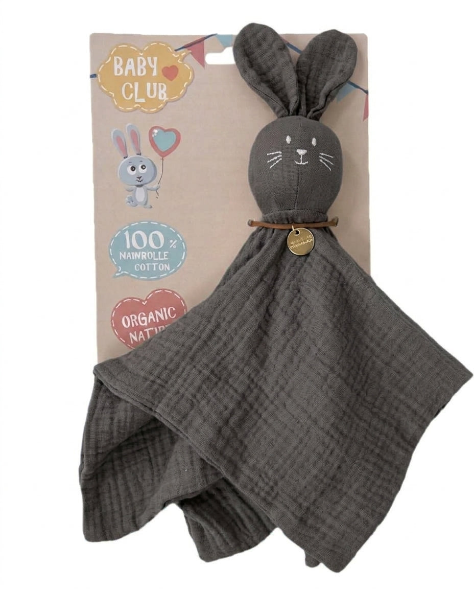 Grijs baby knuffeldoekje konijn van 100% katoen met zachte hydrofielstructuur, comfortabel voor knuffelen, slapen en onderweg.