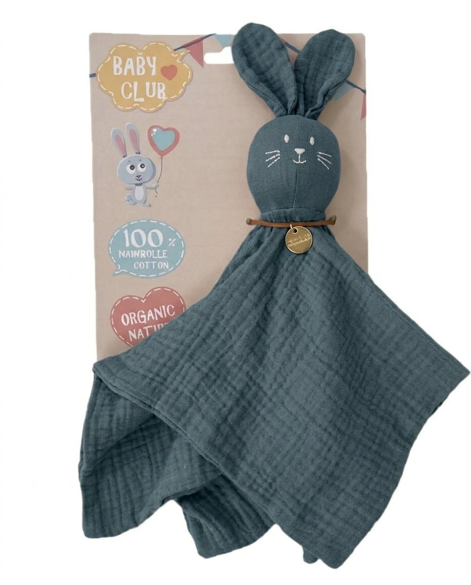 Petrolblauw baby knuffeldoekje konijn van 100% katoen met zachte hydrofielstructuur, comfortabel voor knuffelen, slapen en onderweg.