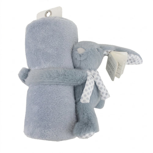 Blauwgrijze babydeken met schattig konijntje, zacht teddy‑materiaal en ideaal als knuffeldeken voor baby’s.