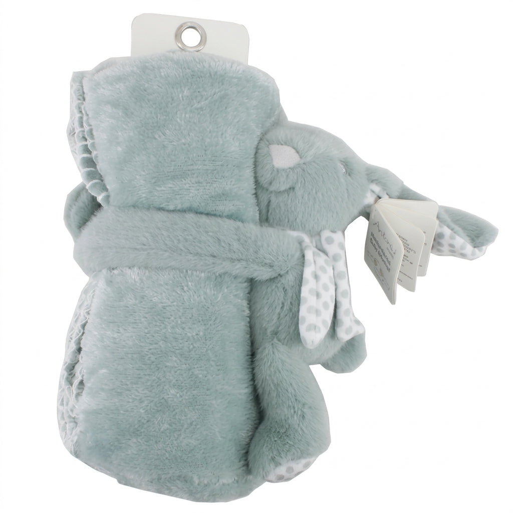 Groengrijze babydeken met schattig konijntje, zacht teddy‑materiaal en ideaal als knuffeldeken voor baby’s.
