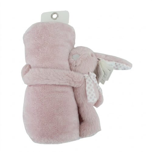Roze babydeken met schattig konijntje, zacht teddy‑materiaal en ideaal als knuffeldeken voor baby’s.