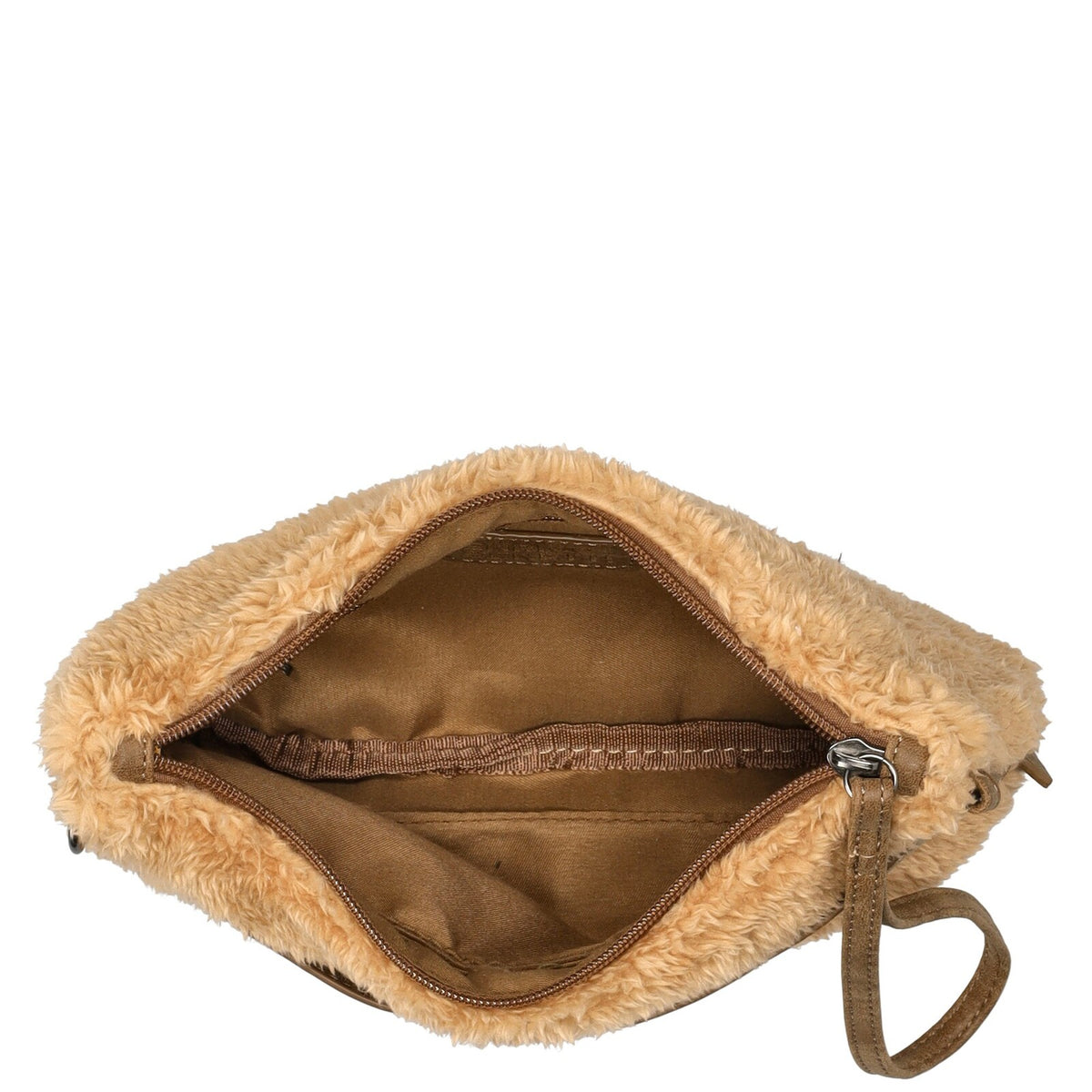 Binnekant Camel Enrico Benetti teddy clutch/crossbody 66705; fluffy teddy stof en compact design