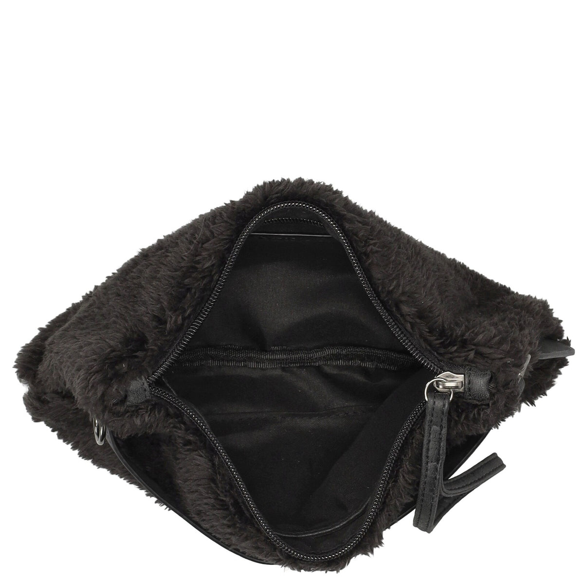 Binnekant Zwarte Enrico Benetti teddy clutch/crossbody 66705; fluffy teddy stof en compact design.