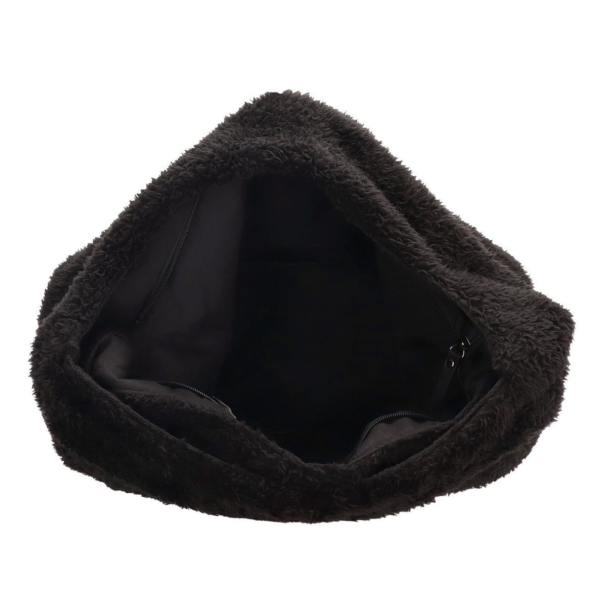 Binnenkant Zwarte Enrico Benetti Teddy shopper 66595; zachte teddy‑stof, volledig gevoerd en handig in gebruik.