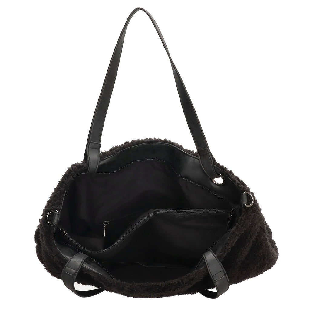 Binnenkant Zwarte Enrico Benetti Teddy shopper 66596; superzacht teddy‑materiaal, ruim en praktisch.