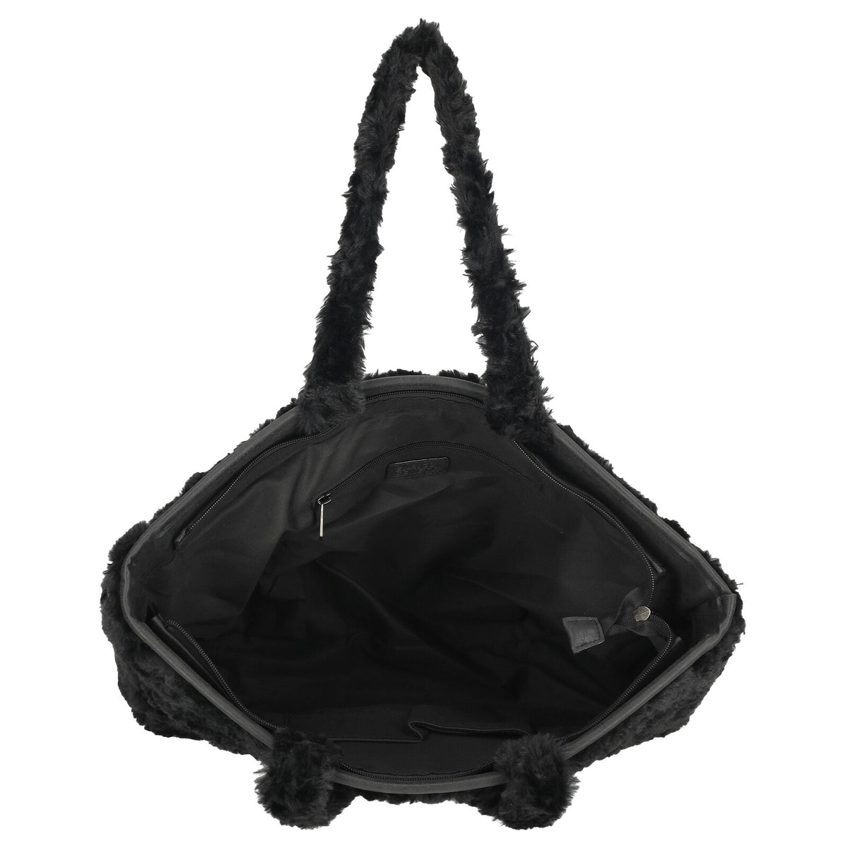 Bovenkant en binnenkant van de zwarte Fay shopper van Enrico Benetti (65018), met overzicht van het ruime hoofdvak en zachte teddy‑afwerking
