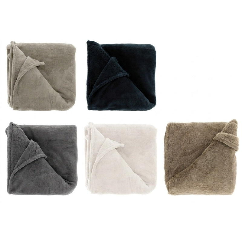 Overzicht van Claudi fleece dekens van 130x160 cm in beige, donkerblauw, grijs, crème en taupe, zachte woondekens voor bank en slaapkamer