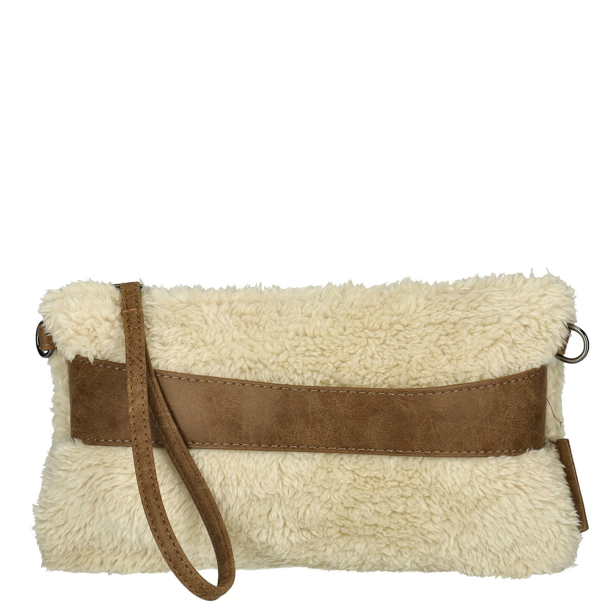 Off‑white Enrico Benetti teddy clutch/crossbody 66705; fluffy teddy stof en compact design.