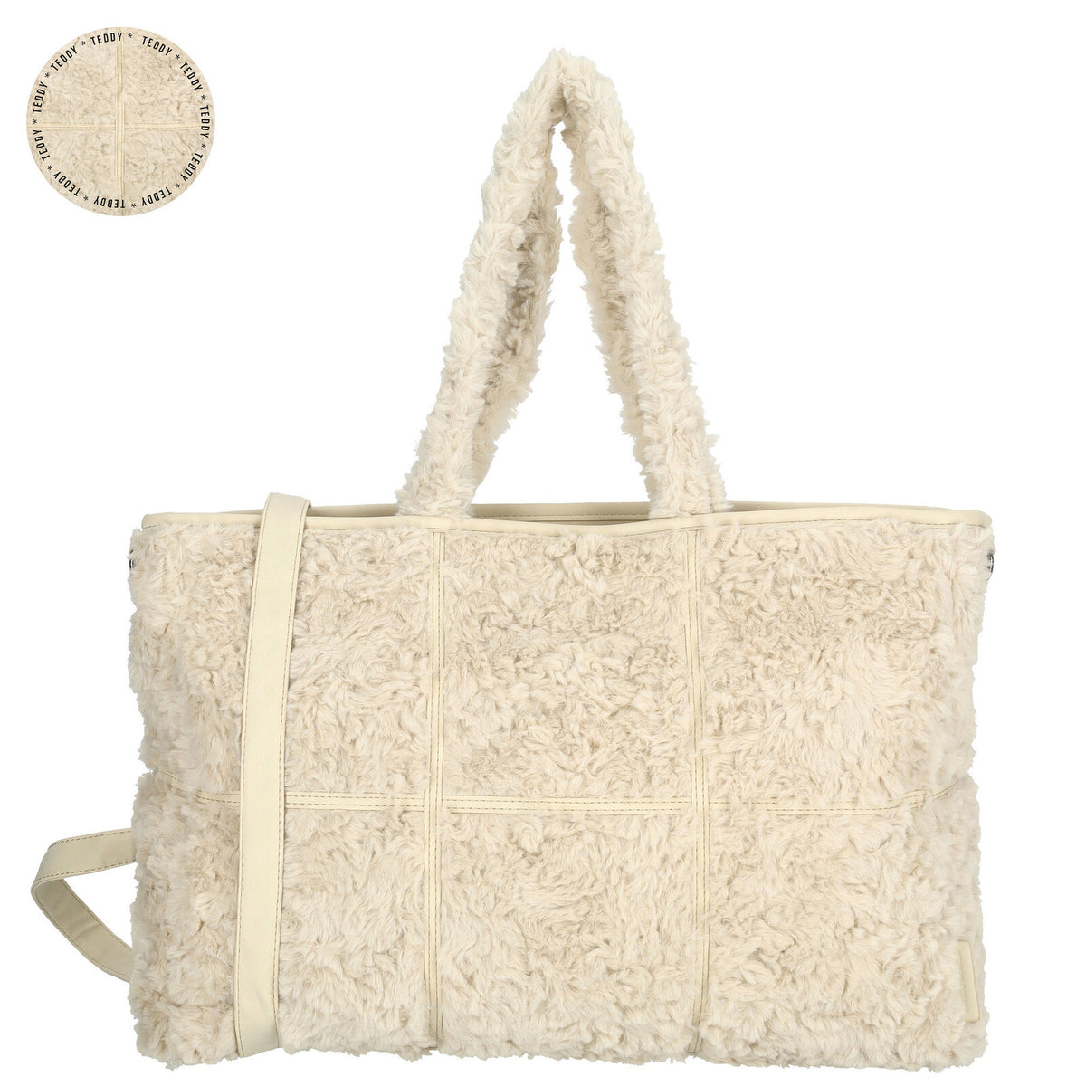 Voorkant van de Off White Fay shopper van Enrico Benetti (65018), met zachte teddy‑structuur en ruim ontwerp.