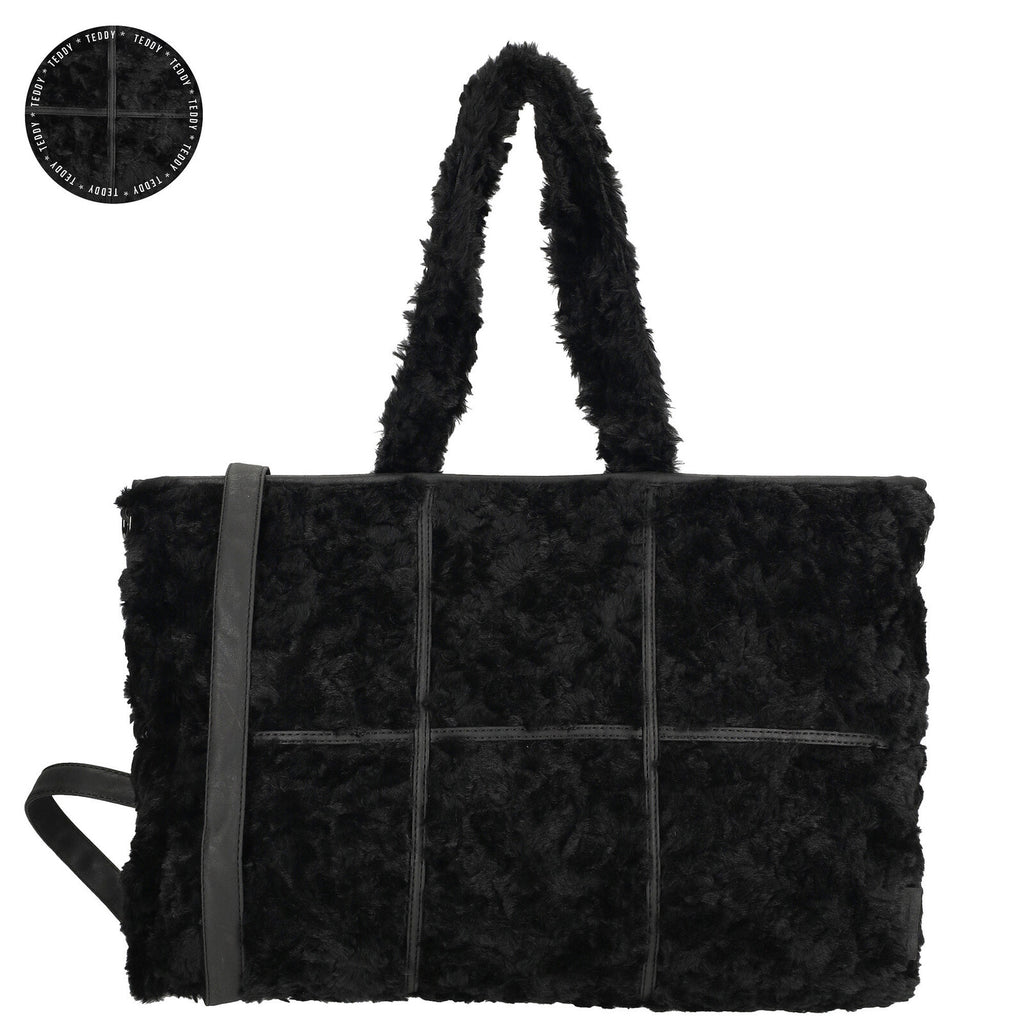Voorkant van de zwarte Fay shopper van Enrico Benetti (65018), met zachte teddy‑structuur en ruim ontwerp.