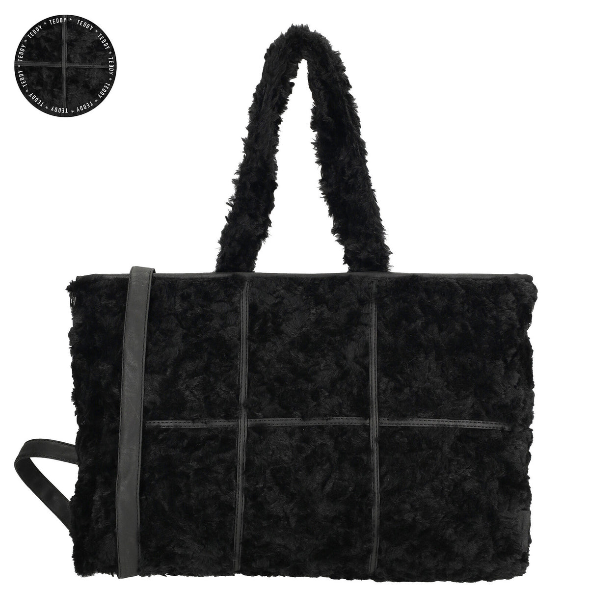 Voorkant van de zwarte Fay shopper van Enrico Benetti (65018), met zachte teddy‑structuur en ruim ontwerp.