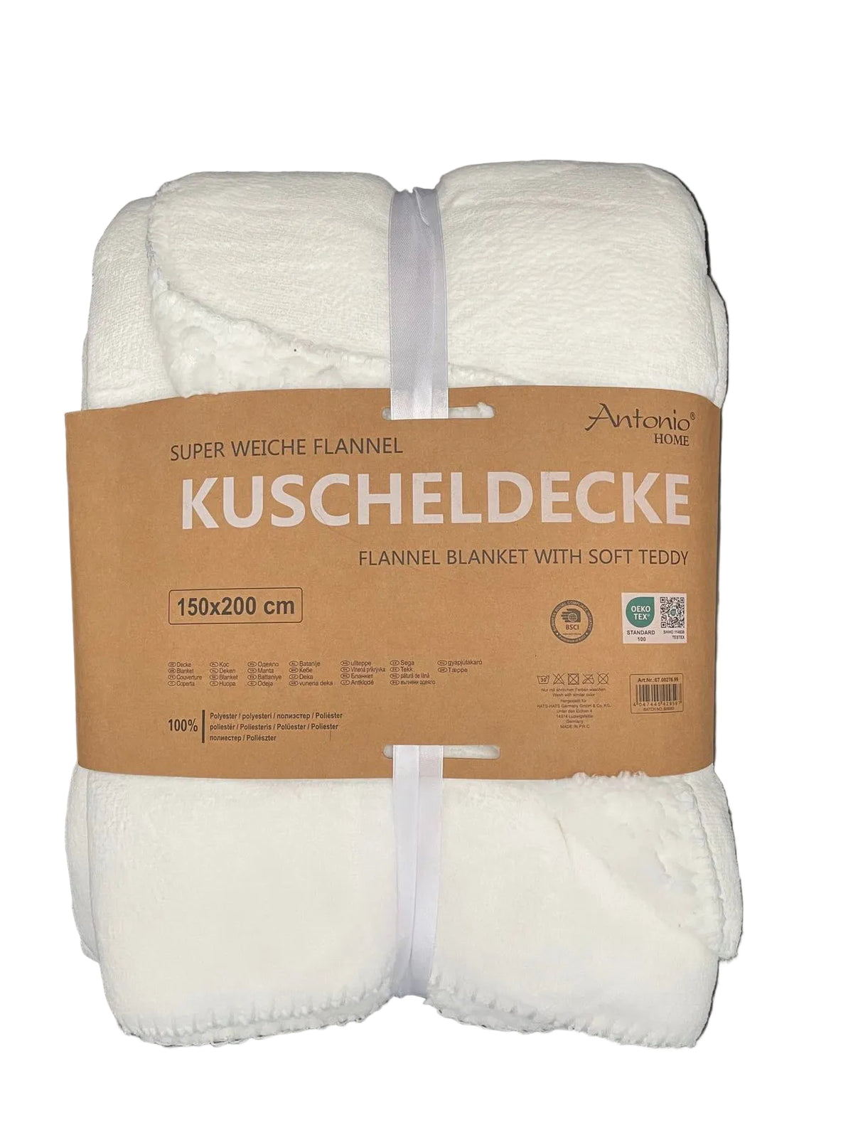Witte flanel teddy deken van 150×200 cm; superzacht, warm en fluffy voorkant.