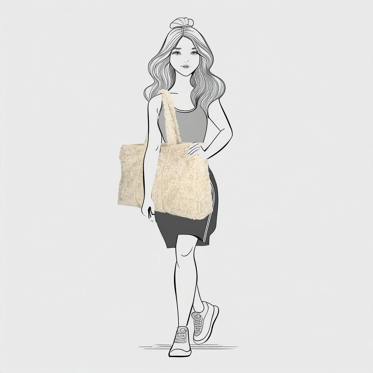 Getekende dame die de Off White Fay shopper van Enrico Benetti (65018) draagt, als stijlvol sfeerbeeld.