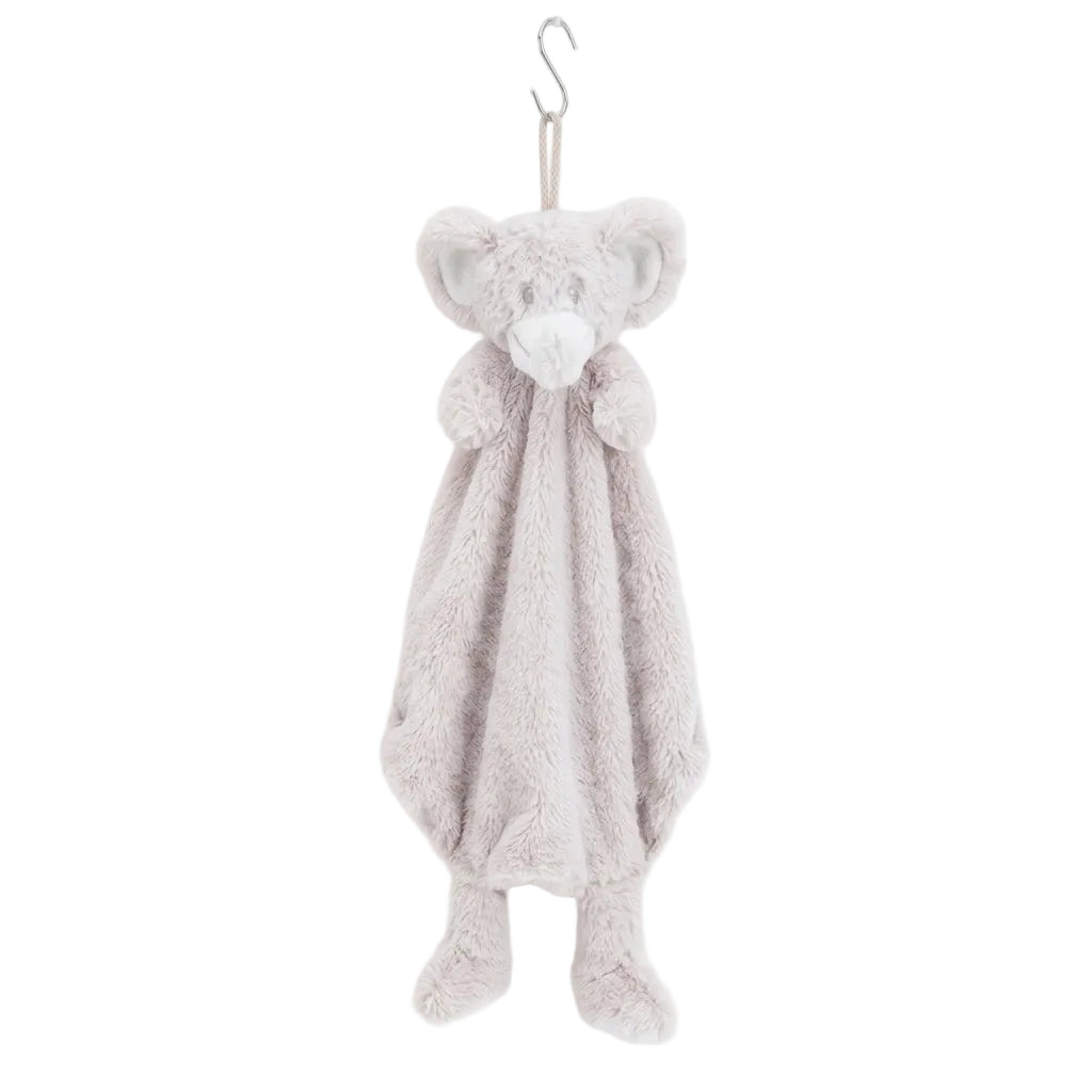 Hangend lichtroze knuffeldoekje met muizenhoofdje; superzacht rond model 