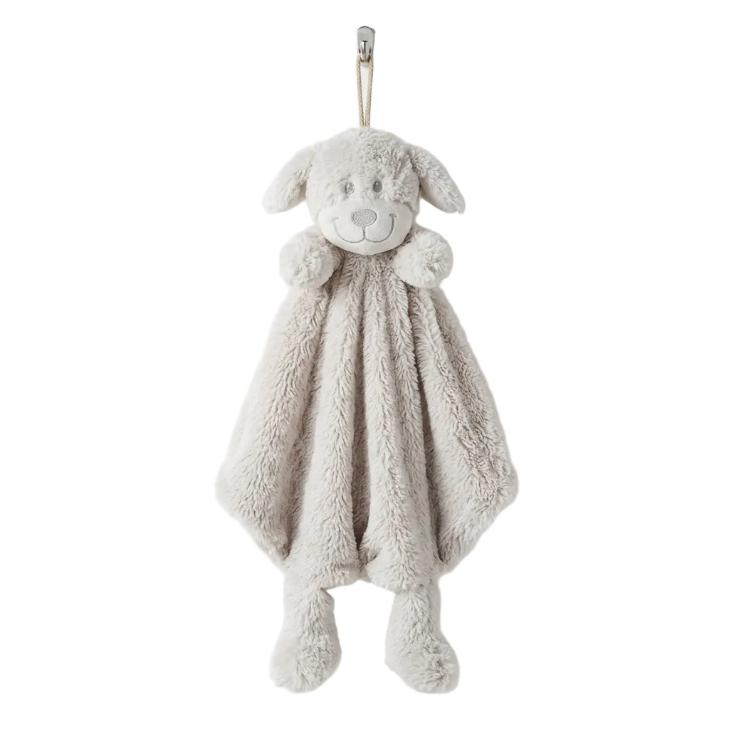 Beige rond knuffeldoekje met hond; superzacht babydoekje, veilig en troostend