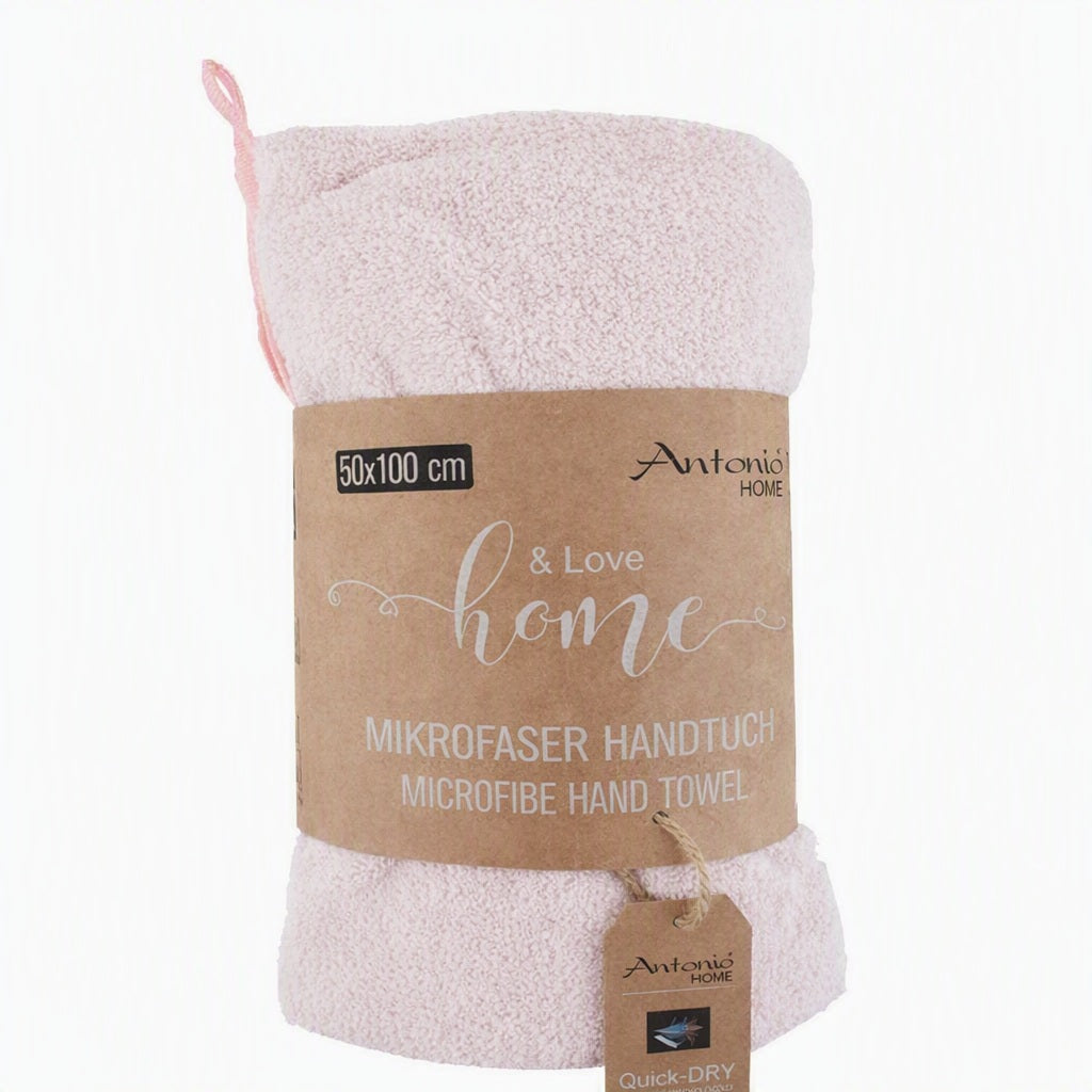 Roze microvezel handdoek van Antonio Home, zachte sneldrogende handdoek 50×100 cm, opgerold met kraftlabel