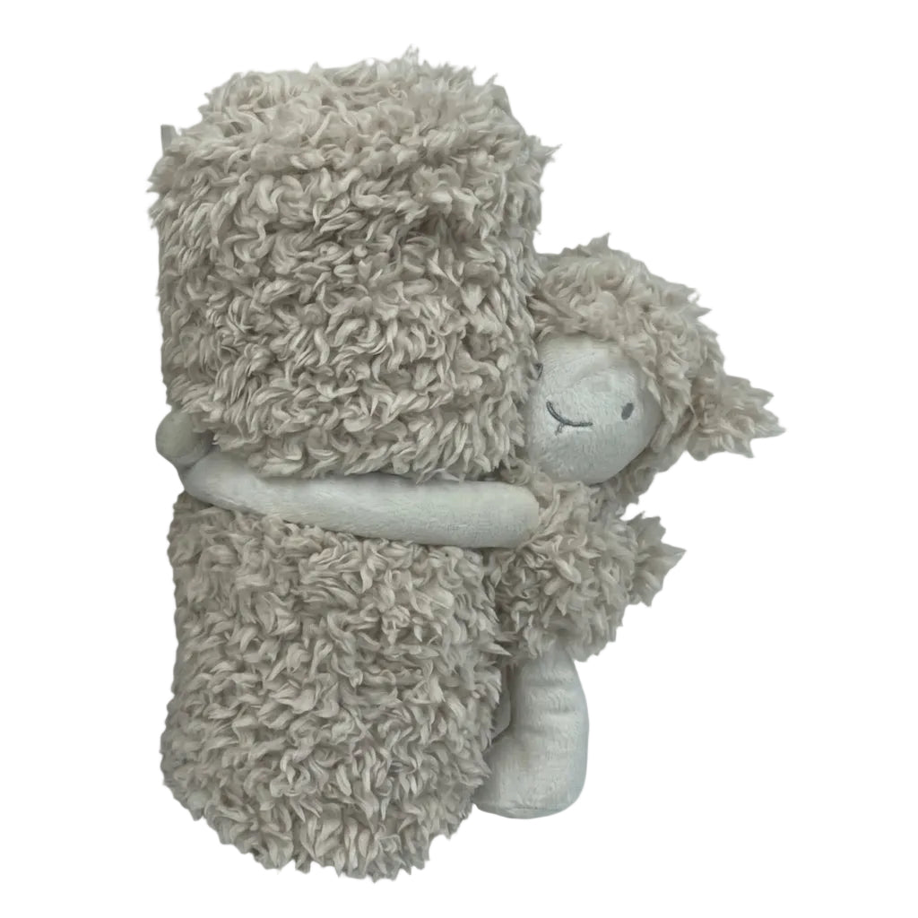 Beige teddy knuffeldeken van 100×75 cm met schattig schaap; superzacht en ideaal voor baby’s en peuters.
