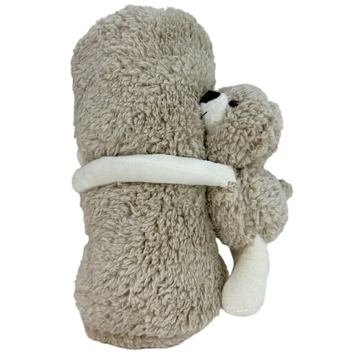 Zachte teddy knuffeldeken in beige met schattige knuffelbeer, formaat 100×75 cm — ideaal voor baby’s en peuters.