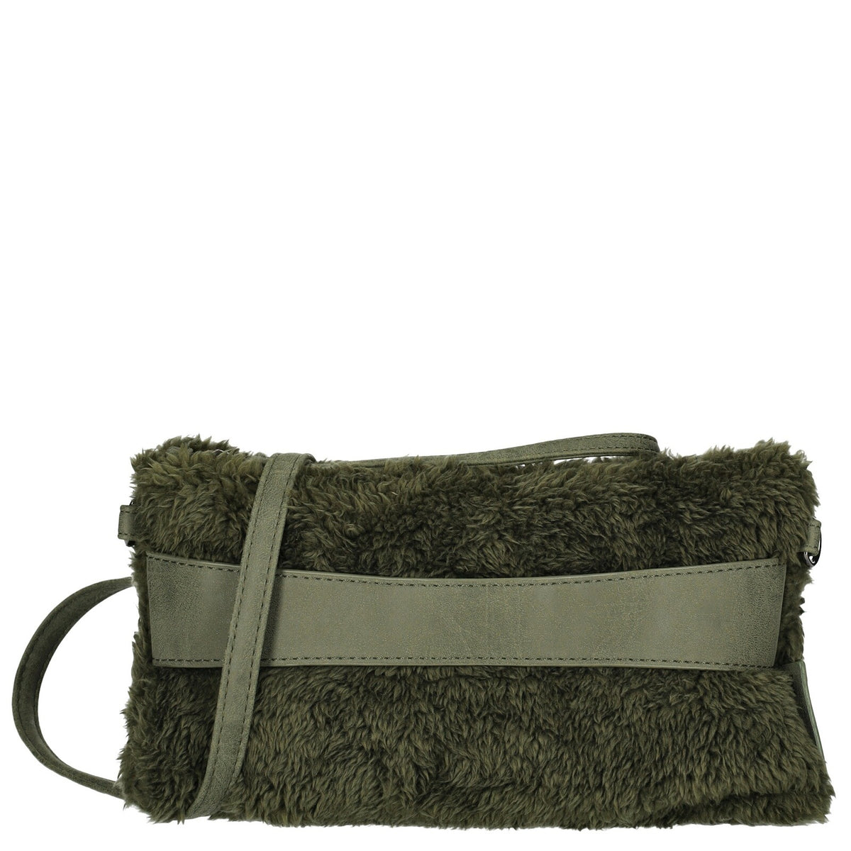 Voorkant olijfkleurige Enrico Benetti teddy clutch/crossbody 66705; fluffy teddy stof en compact design.