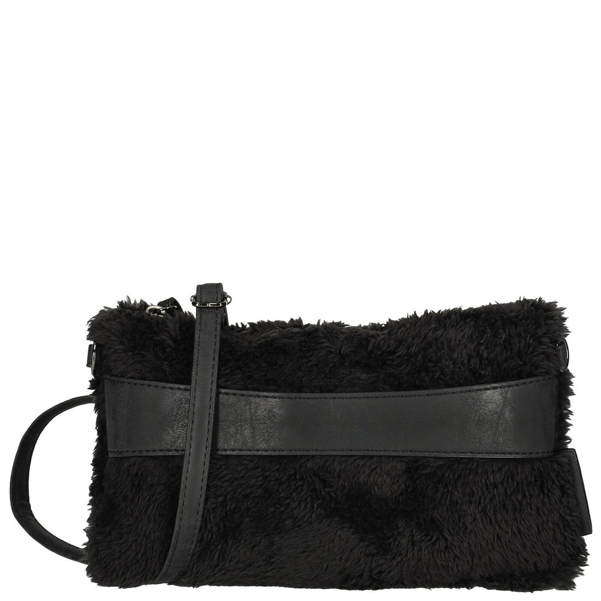 Voorkant Zwarte Enrico Benetti teddy clutch/crossbody 66705; fluffy teddy stof en compact design.