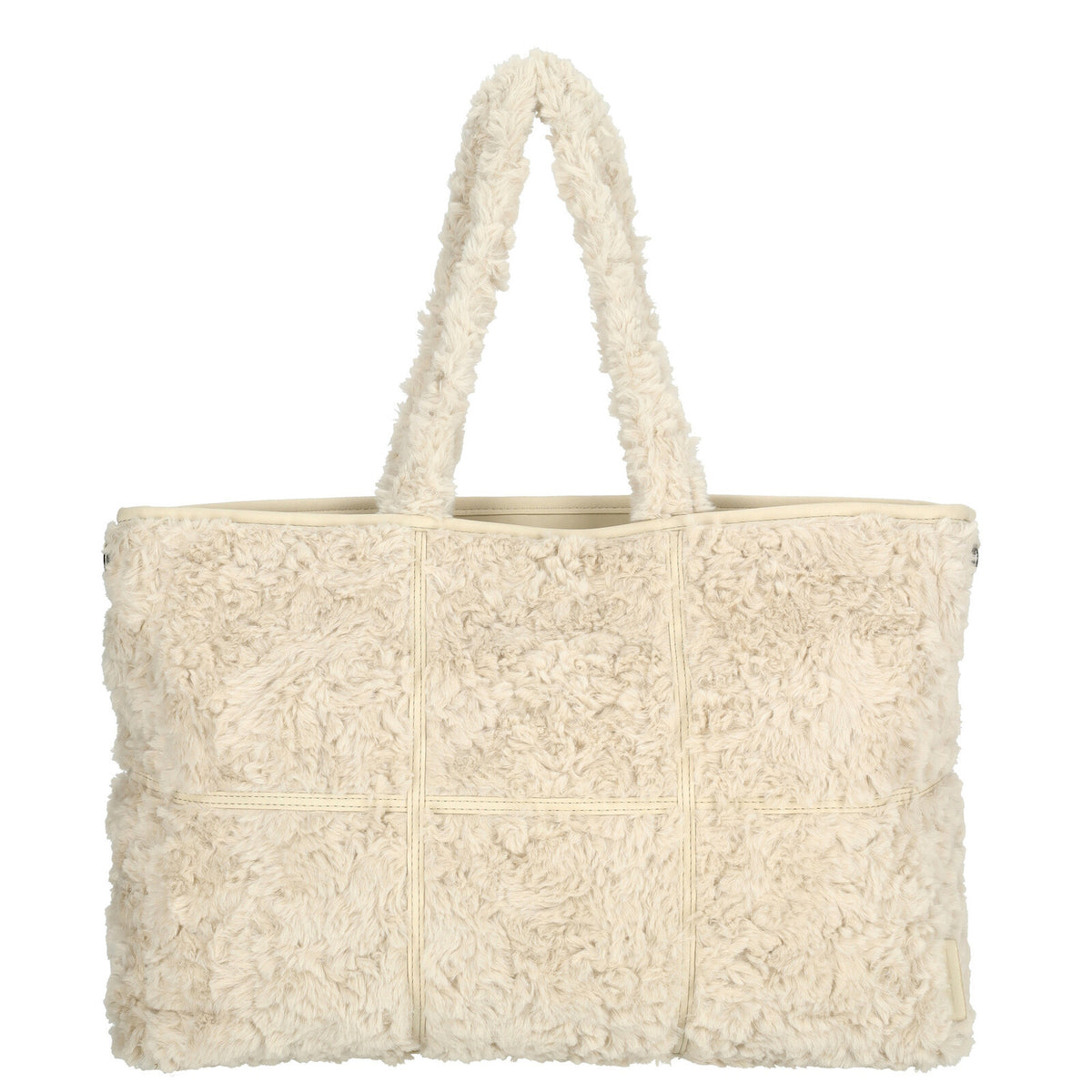 Voorkant van de Off White Fay shopper van Enrico Benetti (65018), met zachte teddy‑afwerking en praktisch silhouet.