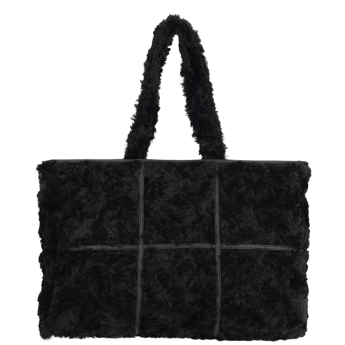 Voorkant van de zwarte Fay shopper van Enrico Benetti (65018), met zachte teddy‑structuur en praktisch ruim ontwerp