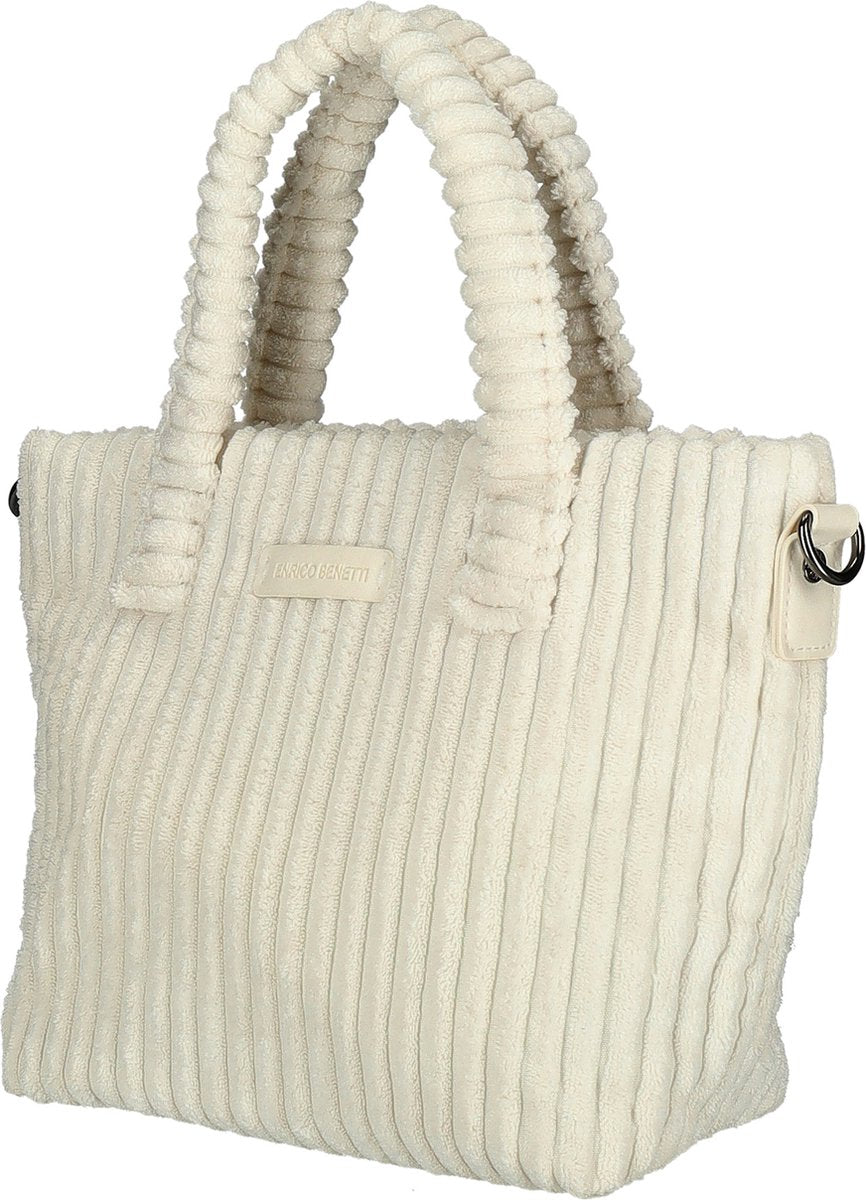 Zijkant crème Enrico Benetti Rosie corduroy handtas 78023; zachte corduroy stof en compact design.