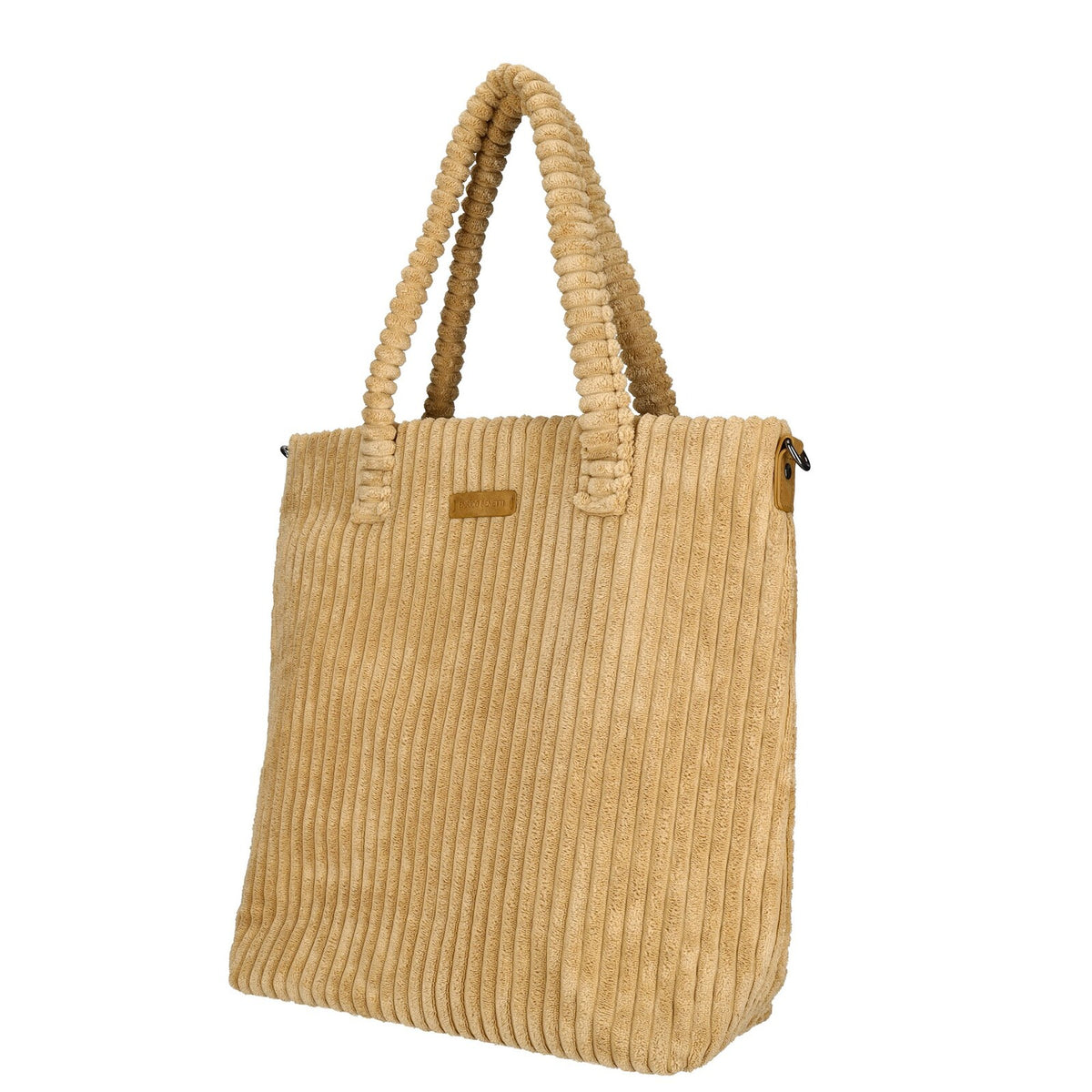 Zijkant Camel Enrico Benetti Rosie corduroy shopper 78026; zachte corduroy structuur en warm design. 