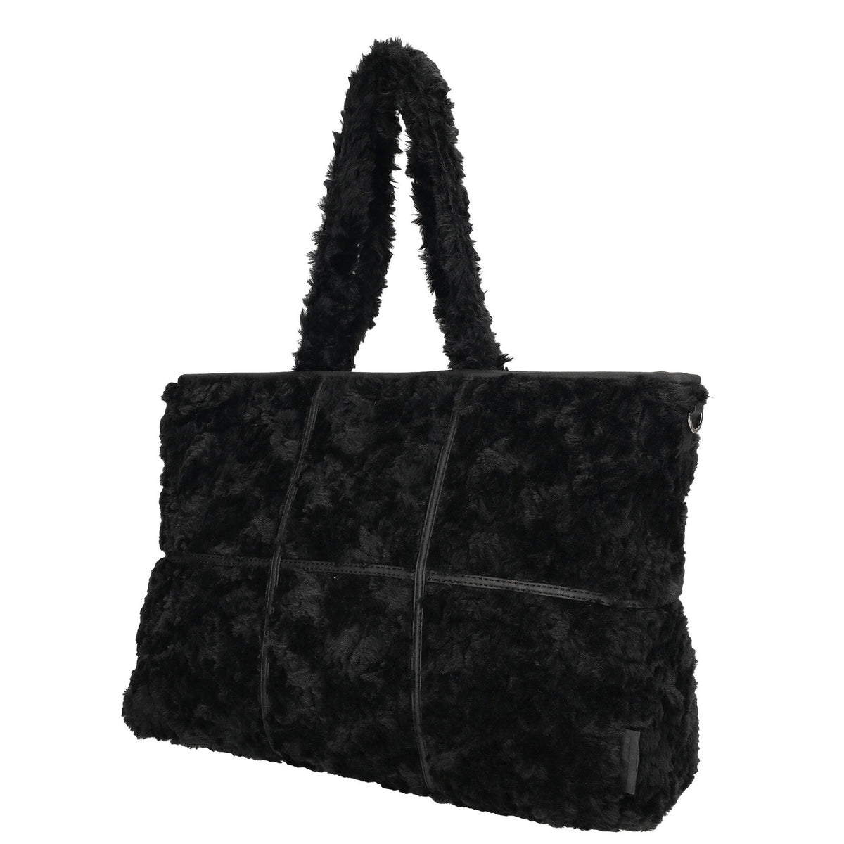 Zijkant van de zwarte Fay shopper van Enrico Benetti (65018), met zachte teddy‑structuur en ruim silhouet.