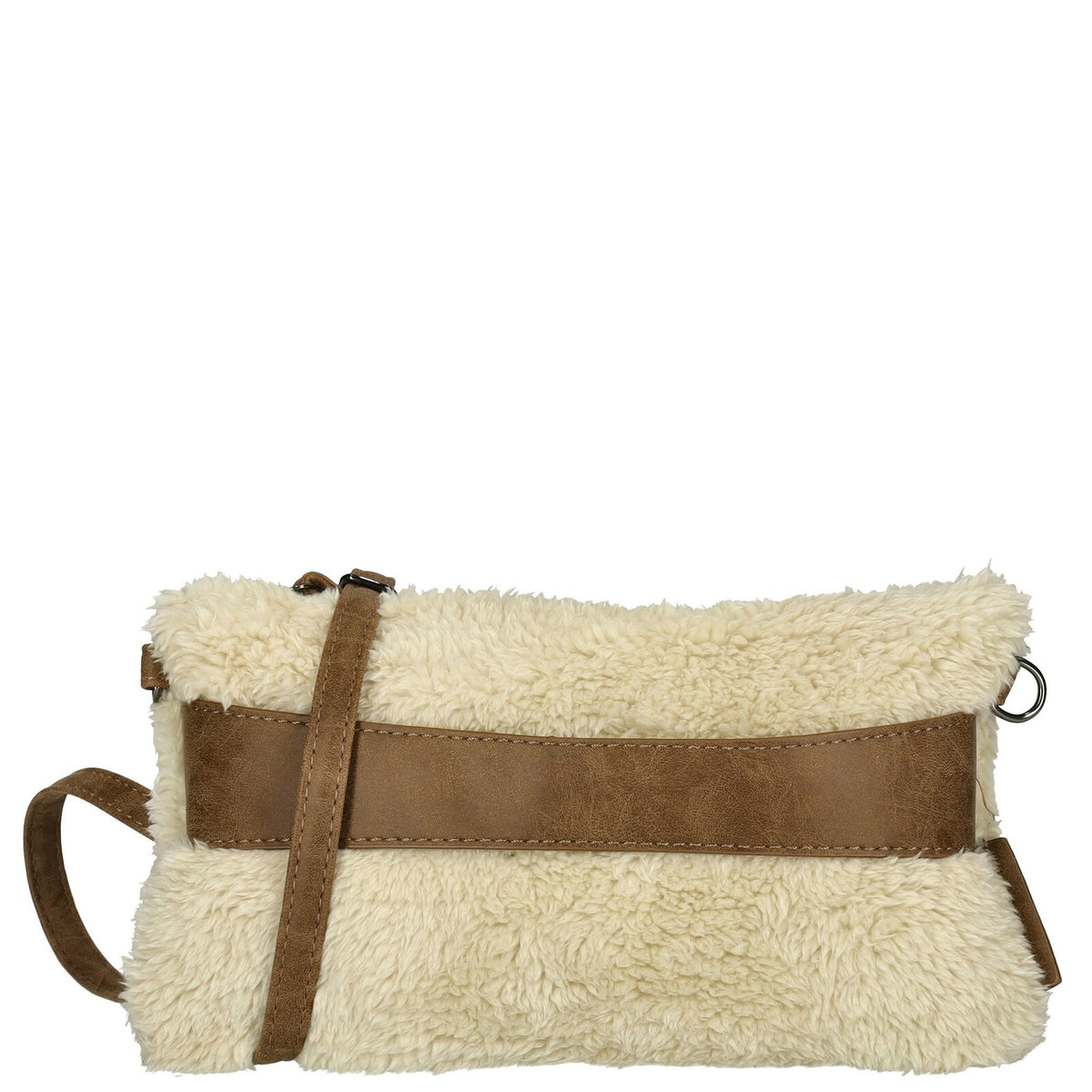 Achterkant Off‑white Enrico Benetti teddy clutch/crossbody 66705; fluffy teddy stof en compact desig