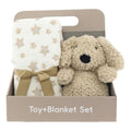 Baby cadeauset met zachte babydeken met sterretjes en knuffel hond in geschenkverpakking – kraamcadeau